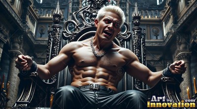 Sitting chained to a deep gray throne in a stone hall, a man without a shirt shouts