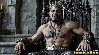 In a stone hall, a shirtless man wears a silver crown on a shadowed throne