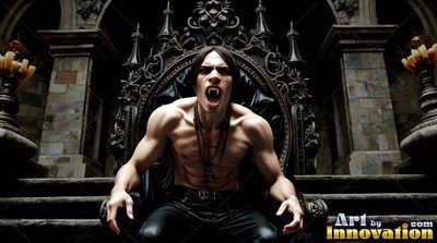 Snarling from a dark gothic seat, an unshirted man bares long vampire fangs