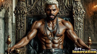 Muscular unshirted man with blond hair sitting on a black throne