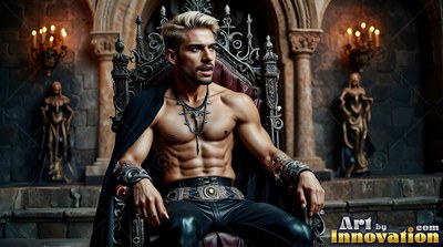 With a black cape over one shoulder, a man without a shirt sits on a throne in a candlelit hall