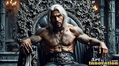 A shirtless man with white hair sits back on a dark throne in cool dim light