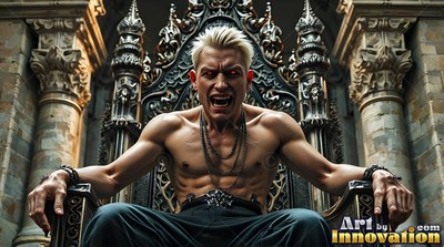 Layered dark necklaces hang on a shirtless man snarling on a throne between stone pillars