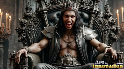 A crowned vampire man snarls from a carved throne under dim candlelight