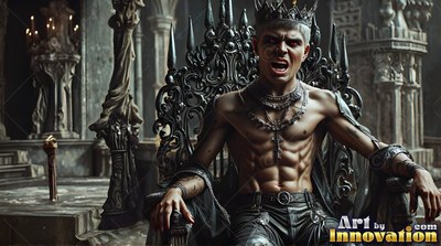 Sitting snarling on a shadowed throne, an unshirted man wears a black crown