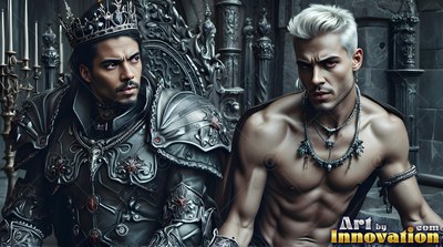 Two men sit together, one in dark metal armor and the other shirtless with silver hair
