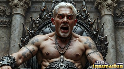 Roaring from a spiked throne, a shirtless muscular man glares with red eyes