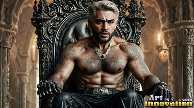 A shirtless tattooed man is seated on a dark carved throne inside a stone hall