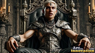 A pale-haired man in carved silver armor leans forward on a throne in warm candlelight