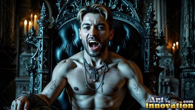 Leaning forward on a dark throne, a shirtless vampire man shouts in a stone hall