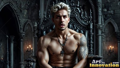 A shirtless muscular man with blond hair sits on a black metal throne in a dark stone room