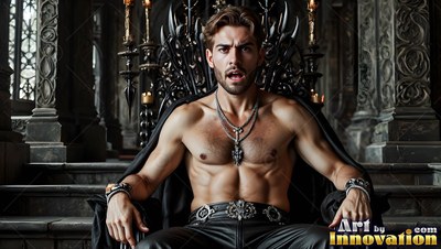 In a dark stone hall, a bare-chested man sits on a spiky black throne