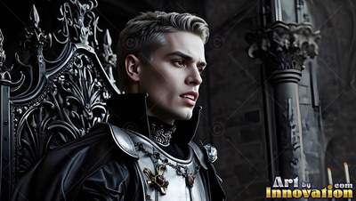 Sitting on a dark carved throne, a blond light-skinned man wears steel armor and a high black collar