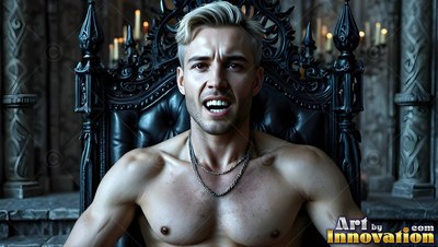 Shirtless blond man with fangs sitting on a black throne
