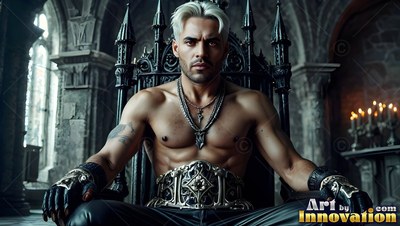 A man with a bare chest with white hair sits on a black gothic throne in a stone hall