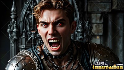 A man in armor snarls with bared fangs, illuminated by pale silver light