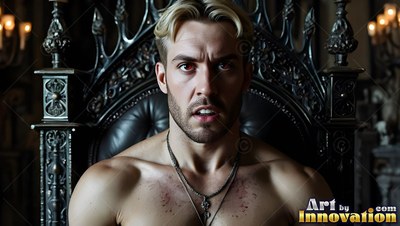 Facing forward, a man without a shirt sits on a dark throne in a dim room