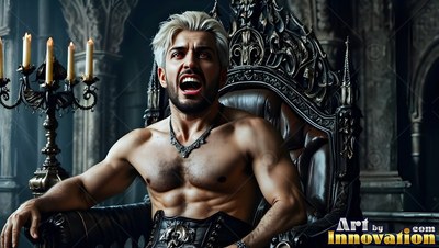 A shirtless man with blond hair yells from a dark carved throne beside candles