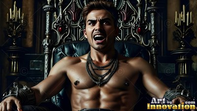 In a dark room with tall candles, a man with a bare chest yells from a black throne