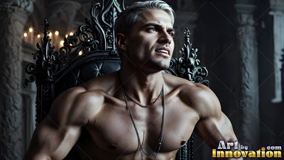 Muscular man with a bare chest sits on a black carved throne