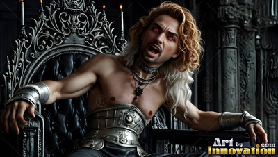 Silver metal armor covers the waist of a snarling vampire man on a dark carved throne