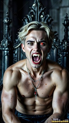 A shirtless blond man bares his sharp fangs on a dark seat with one red eye