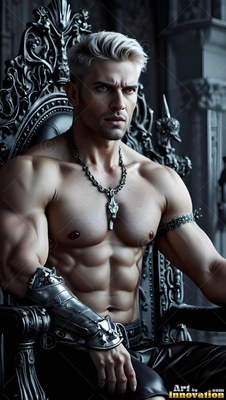 Seated forward on a black throne, a shirtless muscular man rests his arm