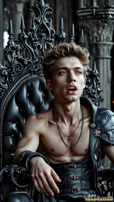 A shirtless young man rests back on a black leather throne with open lips
