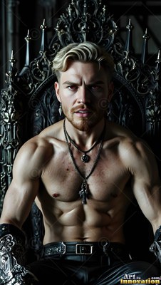 On a dark metal throne, a shirtless blond man with blood splatters sits upright