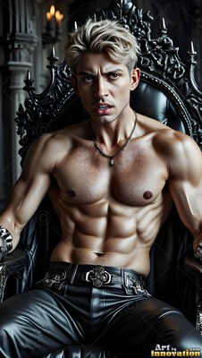 Sitting on a dark carved throne, a shirtless blond man wears black leather pants