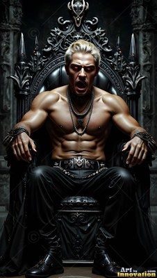 Shirtless blond-haired man with fangs snarling on a black throne