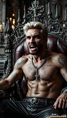 A silver cross necklace in a dark hall, worn by a bare-chested man snarling on a throne
