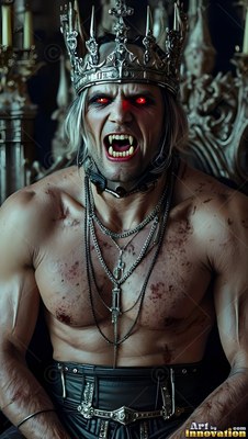 A muscular man in a crown snarls with sharp fangs, his red eyes bright in the dim light