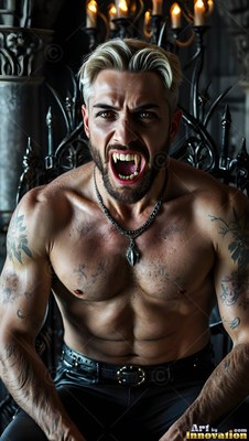 Seated on a black iron throne, a shirtless vampire man snarls with sharp fangs