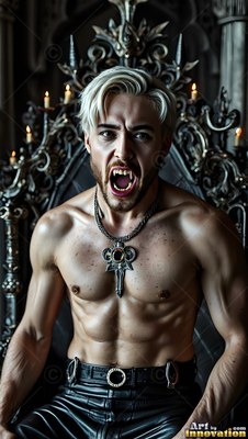A shirtless blond vampire man with fangs snarls while sitting in an iron chair