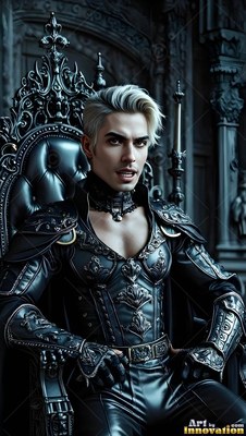 On a black throne, a blond vampire seated man wearing fitted dark leather armor