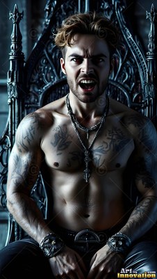 Snarling from a dark gothic seat, a shirtless, tattooed vampire man leans forward