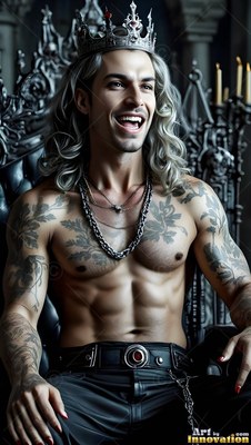 Smiling shirtless man with a crown and tattoos on a deep gray throne