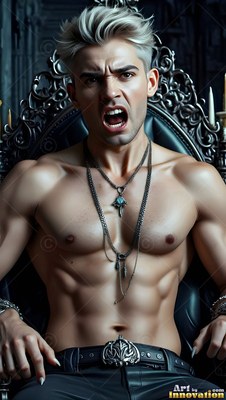 Pale blond hair tops an angry, man with a bare chest snarling on a black carved throne