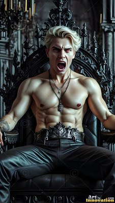 A shirtless blond-haired man screams on a black carved throne in cold, muted light
