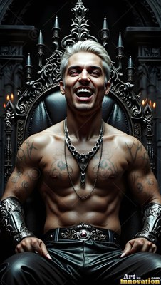 A shirtless man with white hair laughs while sitting on a black throne