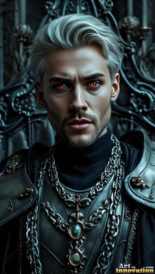 On a carved deep gray throne, a man with white hair and red eyes wears heavy chains