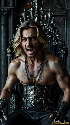 Snarling on a metal throne, a shirtless light-haired man wears an armored corset