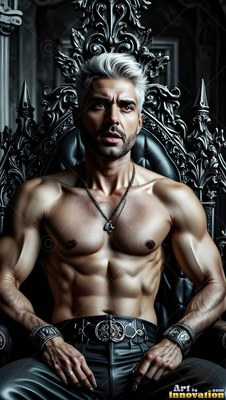 Shirtless man with silver hair sitting on a carved dark throne