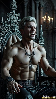 A man with a bare chest sits snarling on a dark carved chair beside warm candlelight