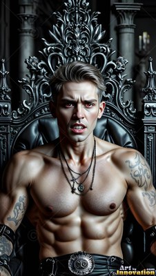 Sitting upright on a black throne, a shirtless man stares forward with red eyes
