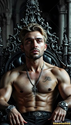 A shirtless muscular man with red eyes sits on a black carved chair