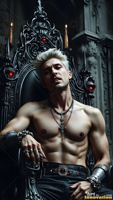 On a black gothic throne, a shirtless white-skinned man with blond hair sits back