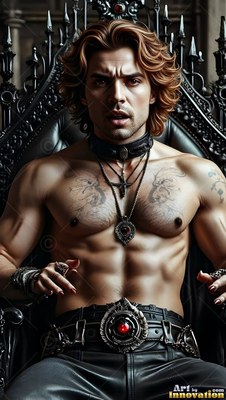 Sitting on a black spiky chair, a man without a shirt wears leather pants and necklaces