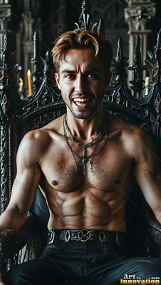 A man without a shirt with blond highlights smiles on a dark throne